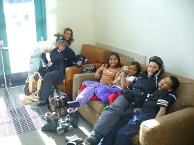 Cherry, Jo, Anna, Lori, Kathy and Jordan take a break from the slopes